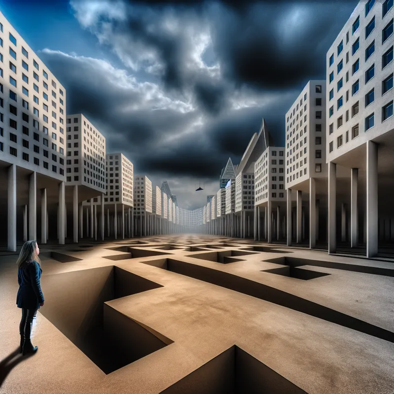 Eenzame figuur in surrealistische stad met meerdere onduidelijke paden, symboliserend een vage bestemming