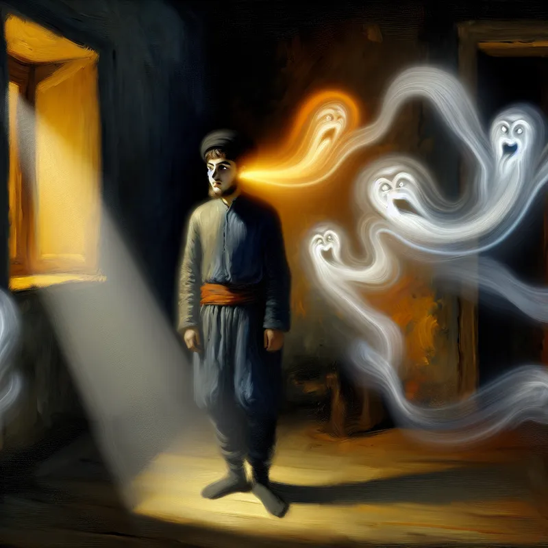 Een jonge man in een schemerige kamer omringd door spookachtige schaduwen die zijn onzekere gedachten vertegenwoordigen.