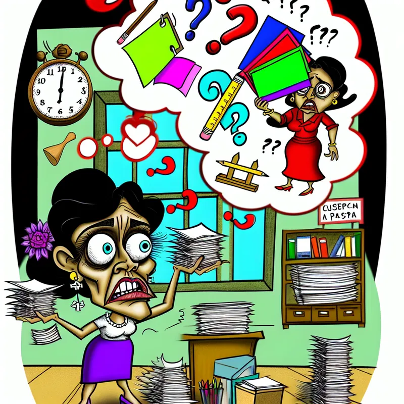 Een cartoonfiguur in een kantooromgeving met een bezorgde uitdrukking, terwijl hij kleurrijke papieren en bestanden jongleert, omgeven door vraagtekens en symbolen van mogelijke fouten.