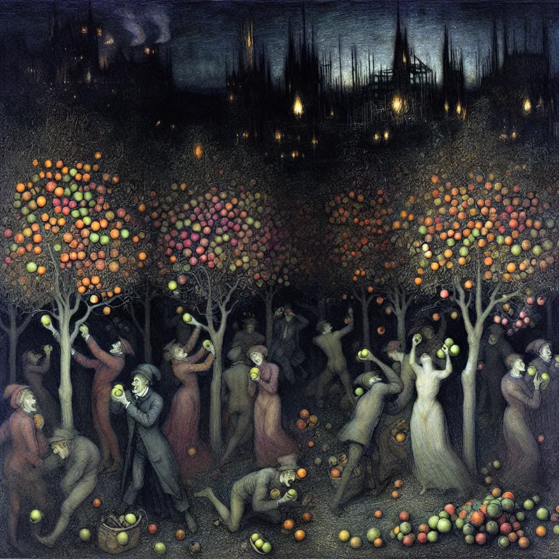 Een groep diverse mensen verzamelt glimlachend rijpe vruchten uit bomen tijdens de schemering, met donkergroene takken en een vleugje gotische sfeer.