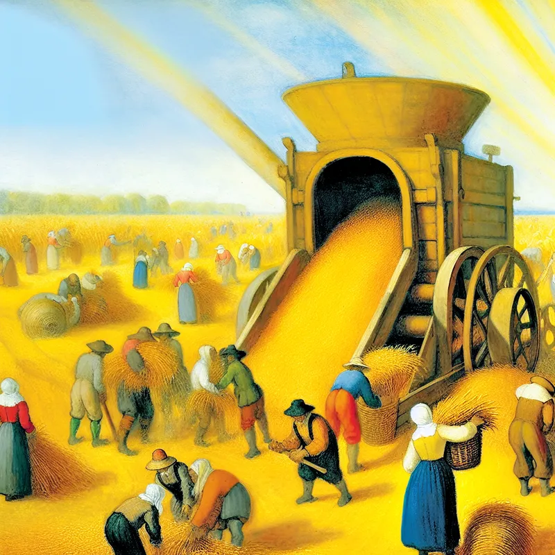 Een vintage dorsmachine in een gouden veld tijdens de oogst met boeren in traditionele kleding die graan laden.