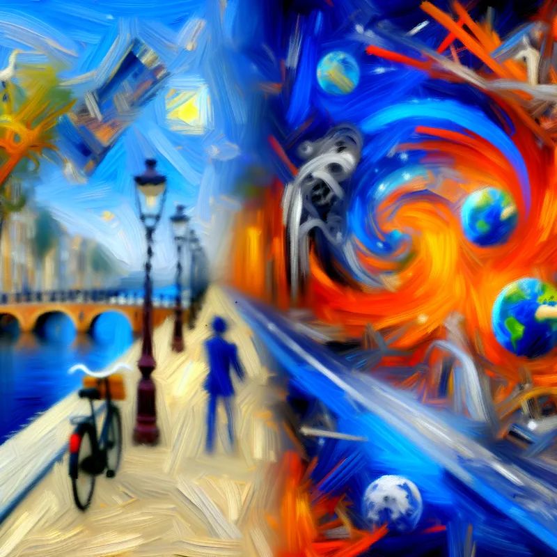 Abstract expressionistisch schilderij van een figuur bij een kruispunt tussen verleden en toekomst, symboliserend het Nederlandse woord 'ooit'