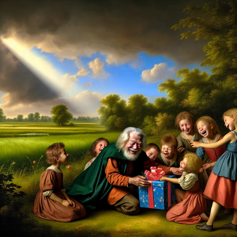 Oompje presenteert een cadeau aan blije kinderen in een pittoreske landelijke omgeving met groene velden en een dramatische lucht.
