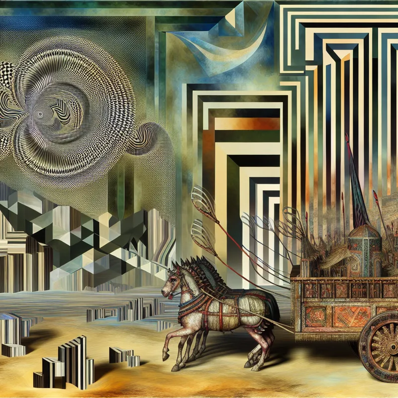 Een surrealistische voorstelling van een oorlogskar voor een gedetailleerde schatkaart met geometrische patronen en illusies.