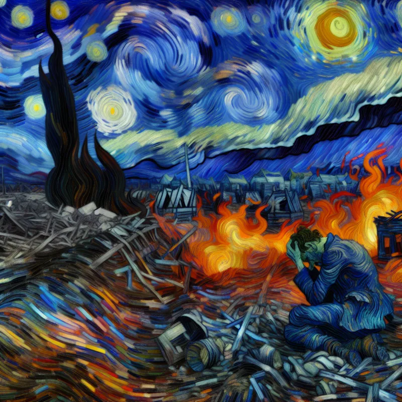 Een huilende figuur in een oorlogslandschap, omringd door puin en een donkere lucht, in de stijl van Vincent van Gogh.