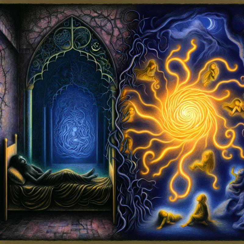 Surrealistische voorstelling van de oorsprong als dualiteit tussen stress en vreugde, geïnspireerd op Félicien Rops, met donkere en lichte krachten die uit één bron stromen