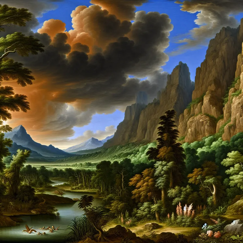 Een majestueus landschap met bergen, een rivier en weelderige vegetatie die de oorsprong van leven op aarde symboliseert.