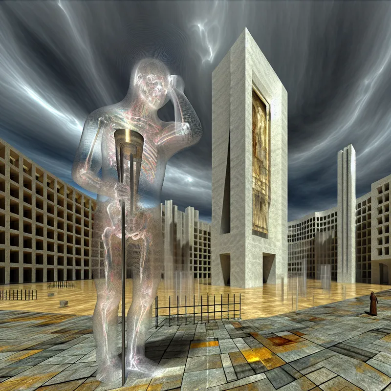 Surrealistisch tafereel van een eenzame figuur met hoofdpijn in een verlaten stadsplein, symboliserend een onbekende oorzaak of gevolg