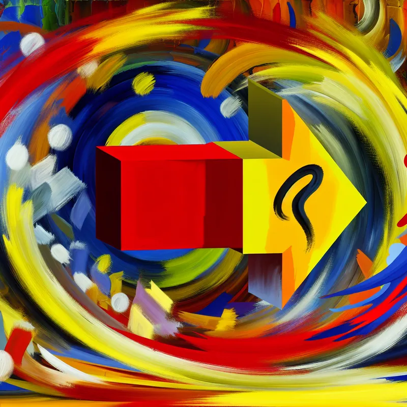 Abstract schilderij van een kleurrijke pijl die uit een chaotische wirwar van vormen en kleuren wijst naar een symbool van succes, ter illustratie van oorzaak en gevolg in taal