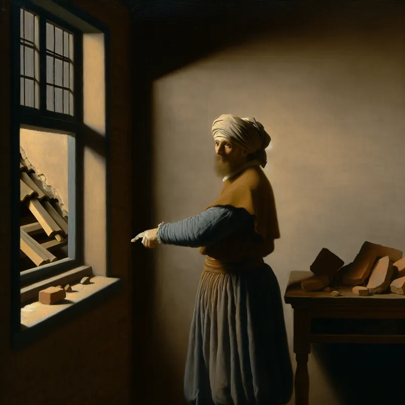 Persoon wijst naar beschadigd dak door storm, symboliserend oorzaak en verantwoordelijkheid in stijl van Vermeer