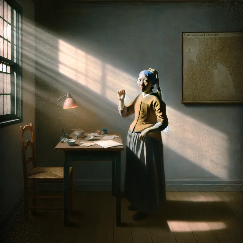 Persoon in rustige kamer met handgebaar dat 'wacht even' aangeeft, symboliserend voor 'op dit moment' of 'nu' in een alledaagse situatie