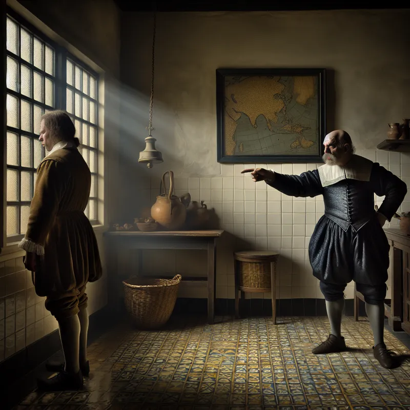 17e-eeuwse Nederlandse scène van een strenge man die een jonge man beschuldigend aanwijst, symboliserend een uitbrander of straf in de stijl van Vermeer