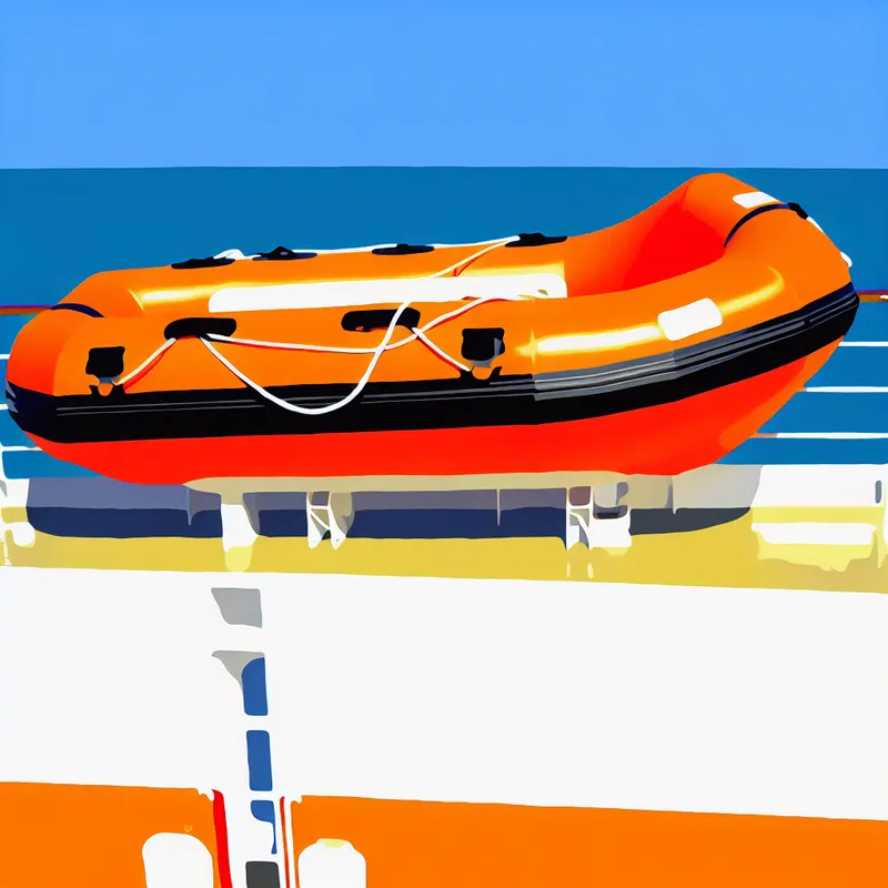 Minimalistische illustratie van een feloranje opblaasbare reddingsboot op het dek van een cruiseschip, klaar voor gebruik