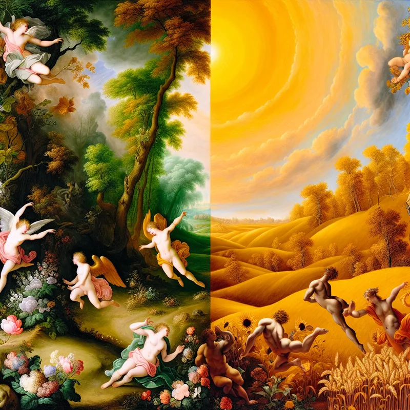 Barokke voorstelling van de opeenvolging der seizoenen met lente en zomer, symboliserend logische volgorde en chronologische overgang