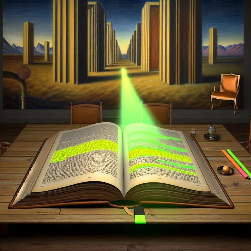 Een open boek op een houten tafel met kleurrijk gemarkeerde woorden en een surrealistisch landschap op de achtergrond.