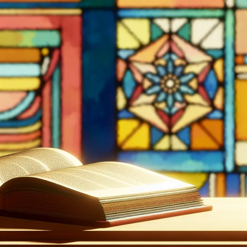 Een open boek met een ornate omslag ligt op een houten tafel, omringd door geometrische vormen in een retro-futuristische stijl.