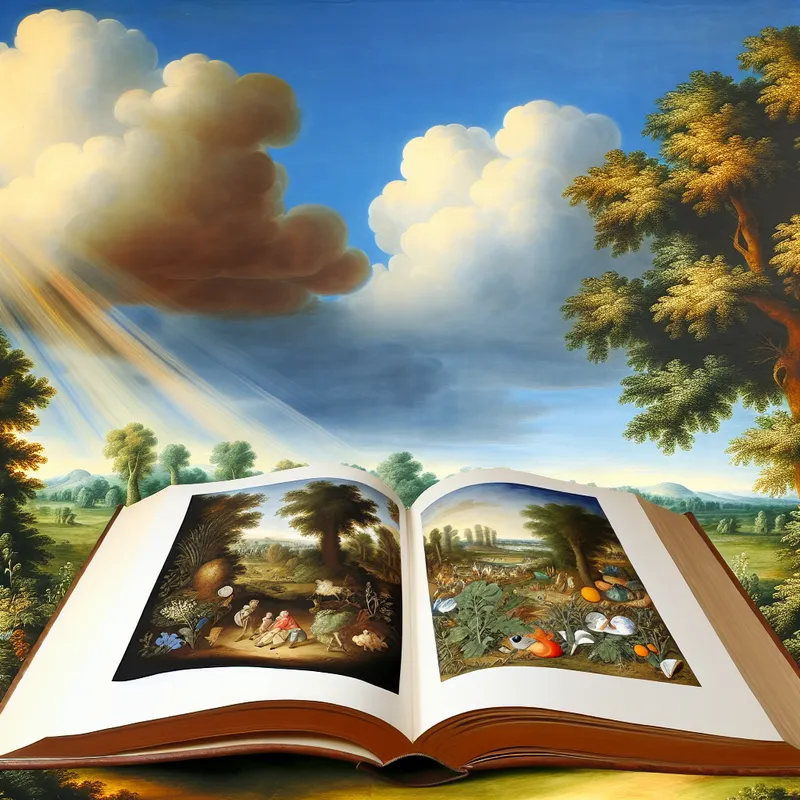 Een groot open boek op een groene heuvel, omringd door natuur, met duidelijke teksten en illustraties die het concept 'vlees' van een verhaal weergeven.