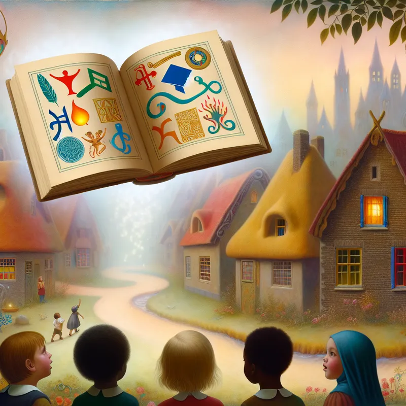 Een open boek met kleurrijke illustraties en symbolen die woorden zoals 'vrijheid' weergeven, omringd door een middeleeuws dorp met kinderen die verwonderd naar de pagina's kijken.