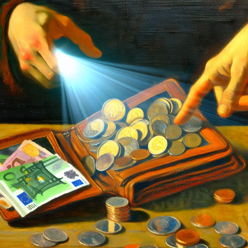 Een open portemonnee vol met munten en bankbiljetten op een houten tafel, met twee handen die de transactie illustreren.