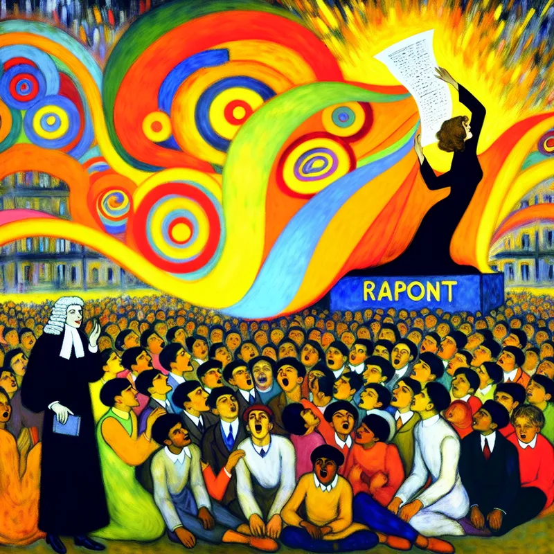 Abstracte voorstelling van een rechter die een kleurrijk rapport onthult in een openbare ruimte, omringd door een nieuwsgierige menigte, symboliserend transparantie en openbaarheid van informatie