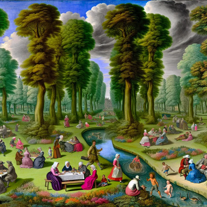 Een serene en majestueuze park waar diverse groepen mensen genieten van de ruimte, met families die picknicken en kinderen die spelen
