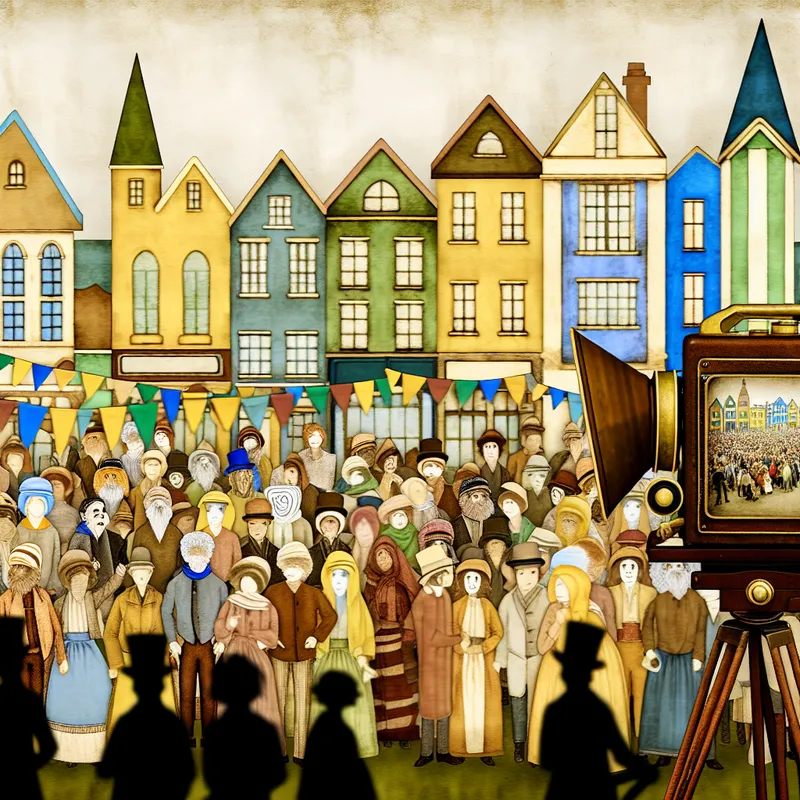 Een levendige openbare demonstratie in vintage stijl met mensen verzameld in een stadsplein, en een oude videocamera gericht op de menigte.