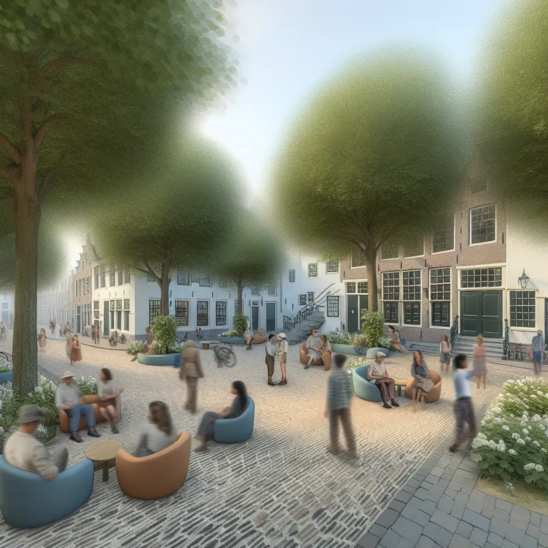 Drukke en gastvrije openbare plein waar diverse mensen in gesprek zijn en activiteiten ondernemen