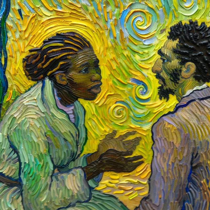 Twee mensen voeren een openhartig gesprek in Van Gogh-stijl met warme kleuren en expressieve penseelstreken
