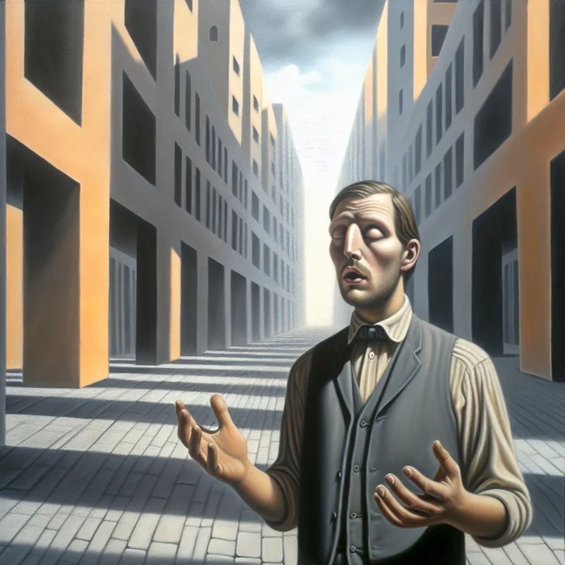 Persoon die openhartig een gevoel of mening toegeeft in een surrealistische stedelijke omgeving met dramatische belichting