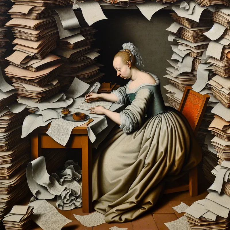 Persoon volledig opgaan in een overweldigende hoeveelheid papierwerk aan een rommelig bureau, symbolisch voor te veel werk of zorgen