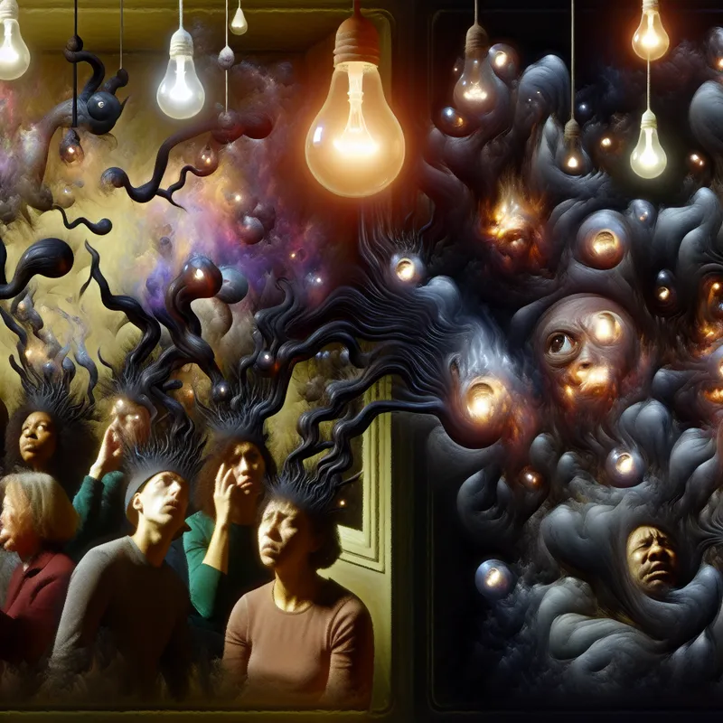 Surrealistisch tafereel van opgebouwde spanning en emoties die zich samenpakken als donkere, rokerige slierten rond mensen in een kamer, net voor een uitbarsting