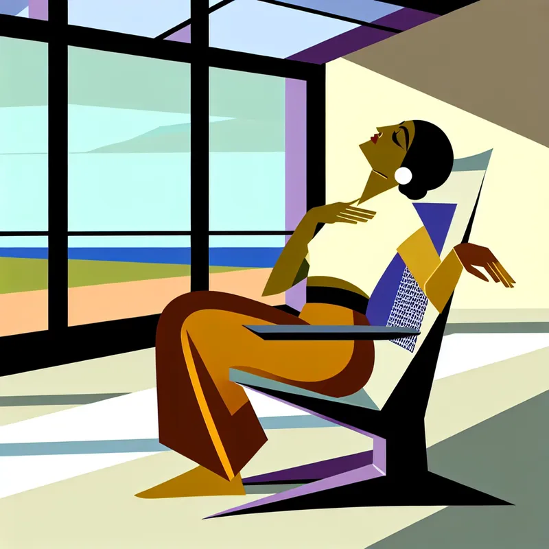 Illustratie van een persoon die opgelucht en ontspannen in een retro-futuristische kamer zit, met een diepe zucht van verlichting