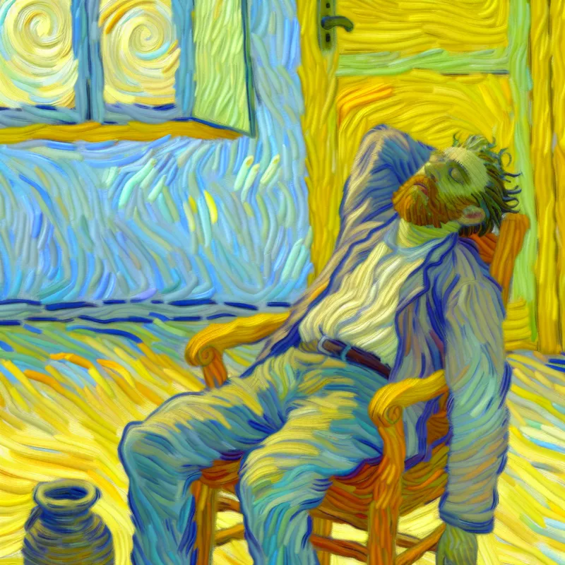 Persoon die opgelucht en vermoeid in een stoel zit na een lange dag, in Van Gogh-stijl met warme kleuren en expressieve penseelstreken