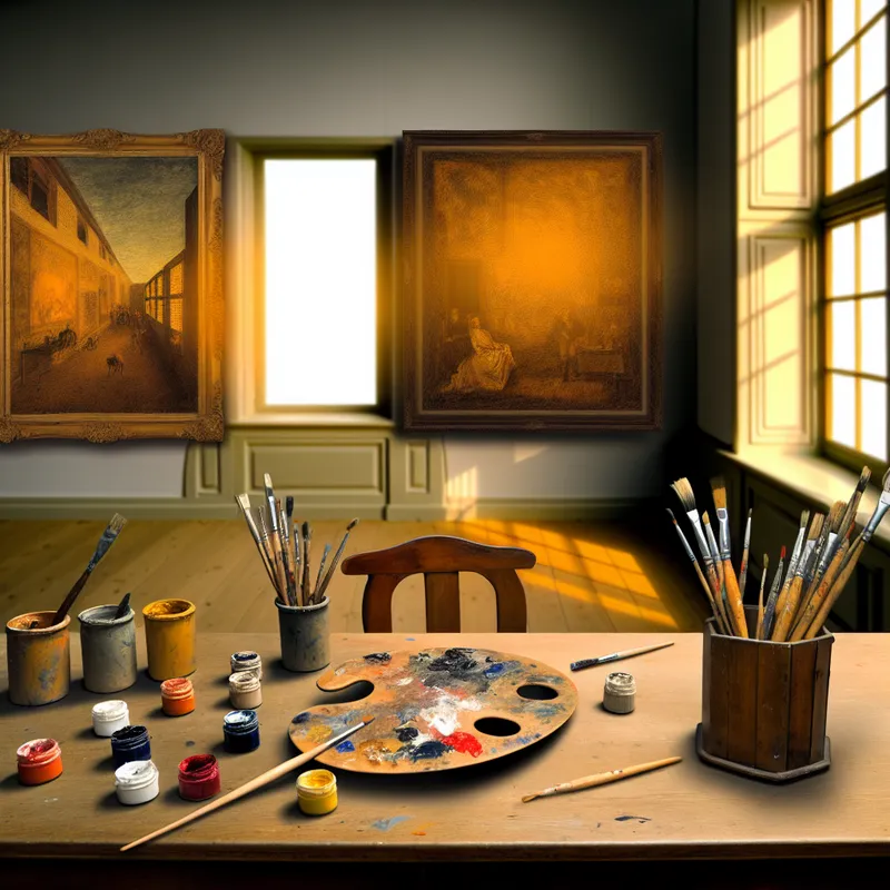 Opgeruimde afwerkplek in een kantoor met schildermaterialen zoals kwasten, een palet en verfblikken op een houten tafel.