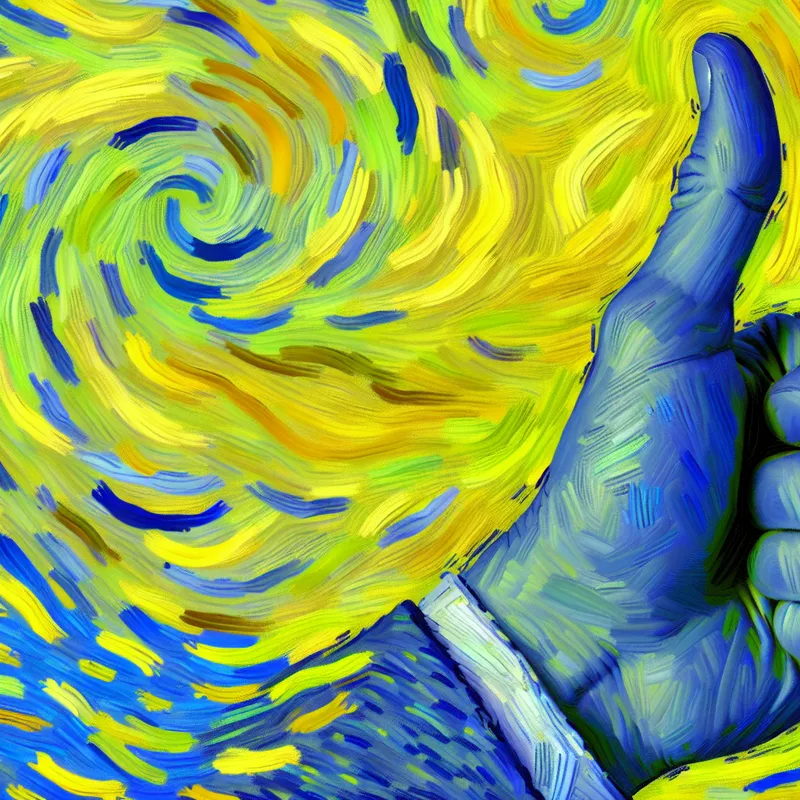 Illustratie van een opgestoken duim in Van Goghs stijl, symboliserend goedkeuring en de betekenis 'met de bovenkant naar boven gericht' in het Nederlands