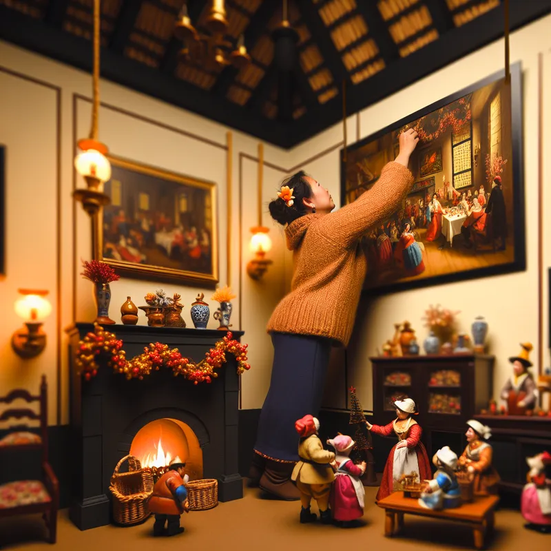 Een persoon hangt een schilderij op in een gezellige woonkamer