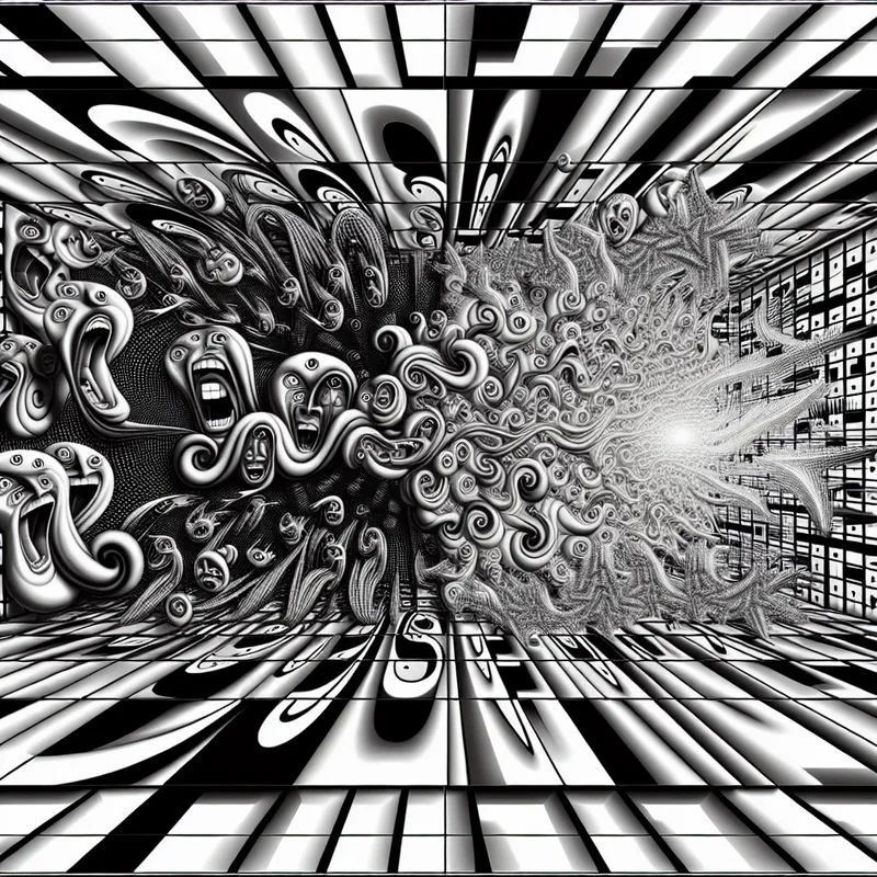 Surrealistische voorstelling van ophef met chaotische emoties en reacties in de stijl van M.C. Escher, met roepende gezichten, wijzende handen en uitroeptekens in spraakballonnen