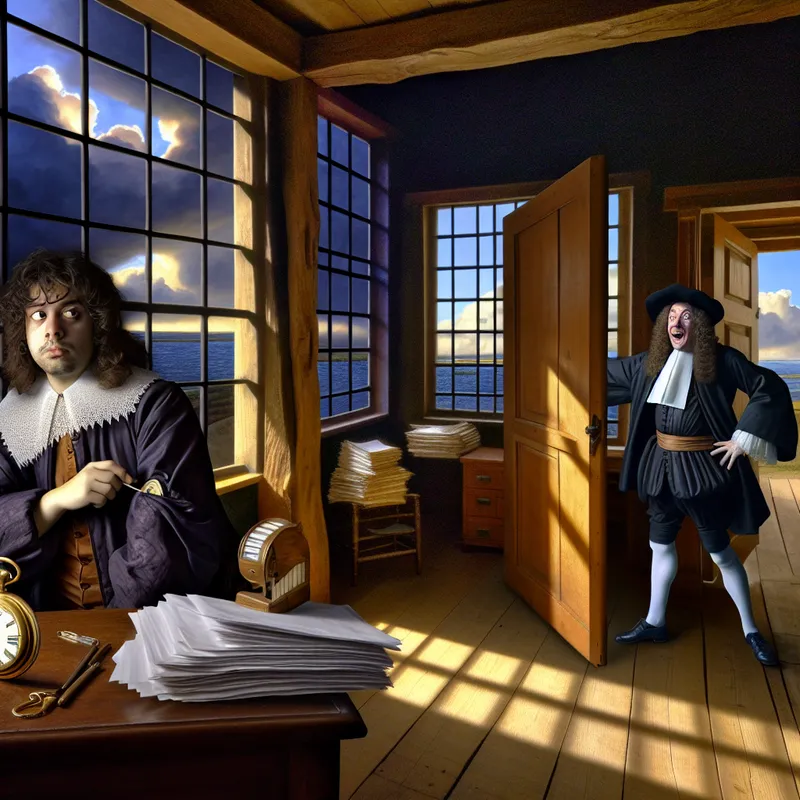 17e-eeuwse Nederlandse kantoorscène met een vermoeide werknemer die door de baas wordt opgehouden met papieren, terwijl het licht van buiten de spanning tussen plicht en tijd benadrukt