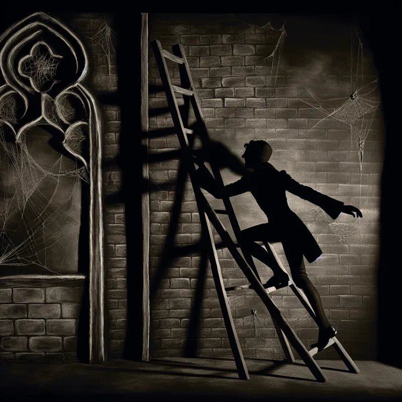 Schaduwfiguur in 19e-eeuwse kleding klimt via een ladder tegen een verweerde bakstenen muur op, symbolisch voor het woord 'opklimmen'