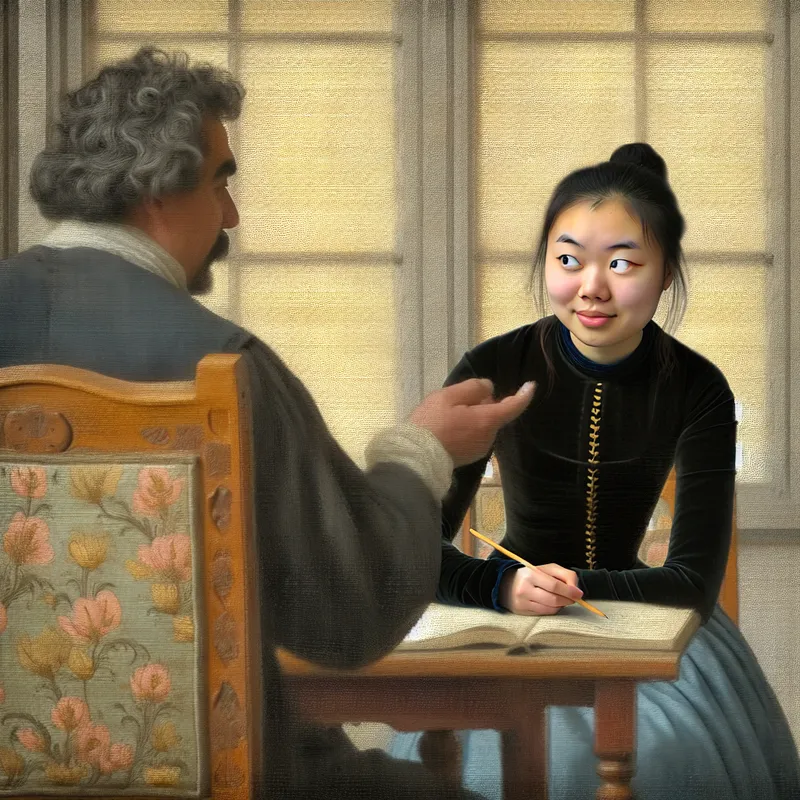 Jonge vrouw in een klaslokaal, gefocust op de les, met een intensieve en oplettende uitstraling.