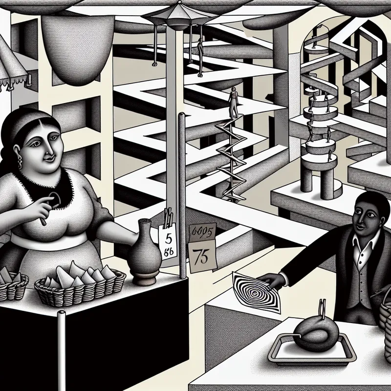 Surrealistische marktscène in de stijl van M.C. Escher waarin een verkoper een klant oplicht met een overdreven hoge prijs