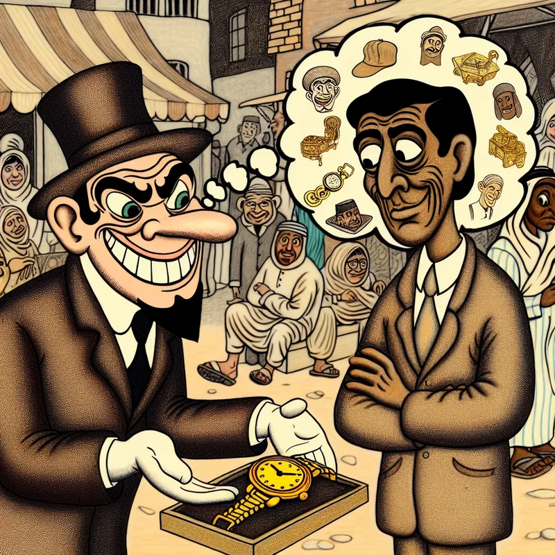 Cartoonachtige scène van een oplichter die een naïeve klant een nep gouden horloge verkoopt in een drukke markt