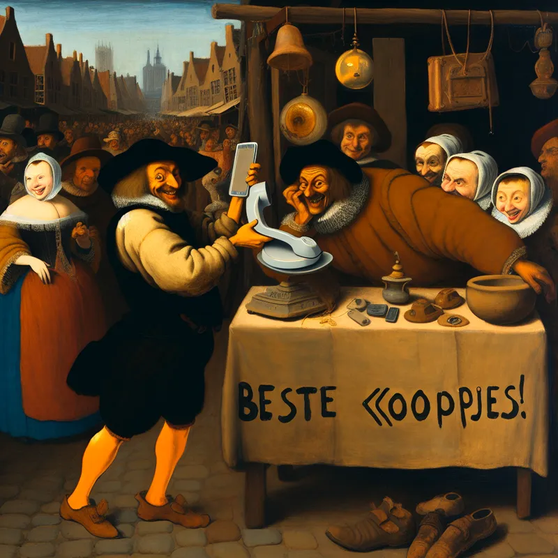 Schilderij in de stijl van Jan Steen van een sluwe marktkoopman die een neptelefoon verkoopt aan een teleurgestelde klant in een chaotische markt