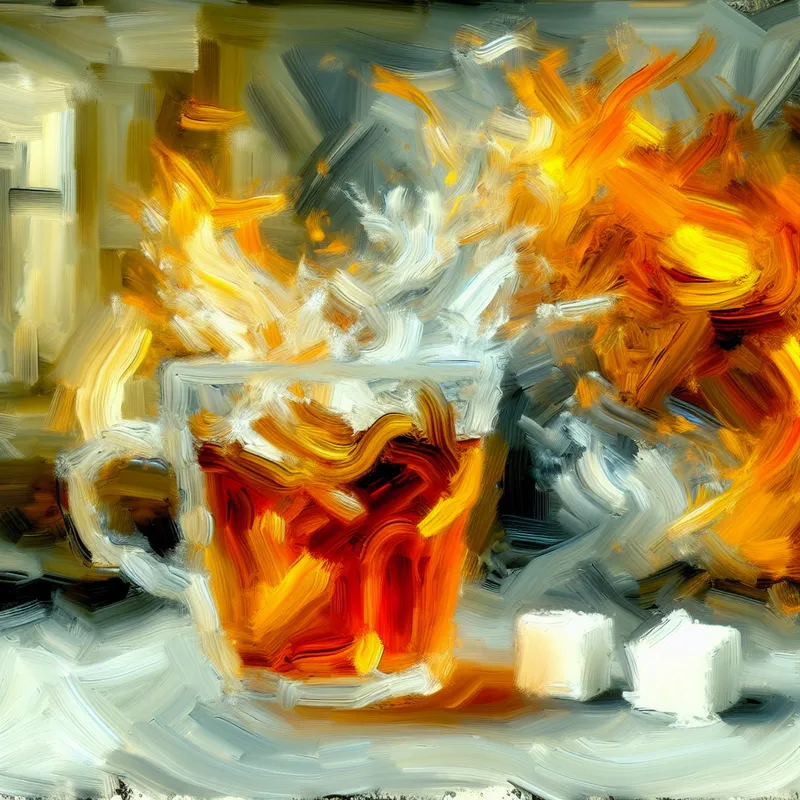 Abstract expressionistisch schilderij van een transparant glas met warme thee waarin suiker oplost, dynamische penseelstreken en warme kleuren
