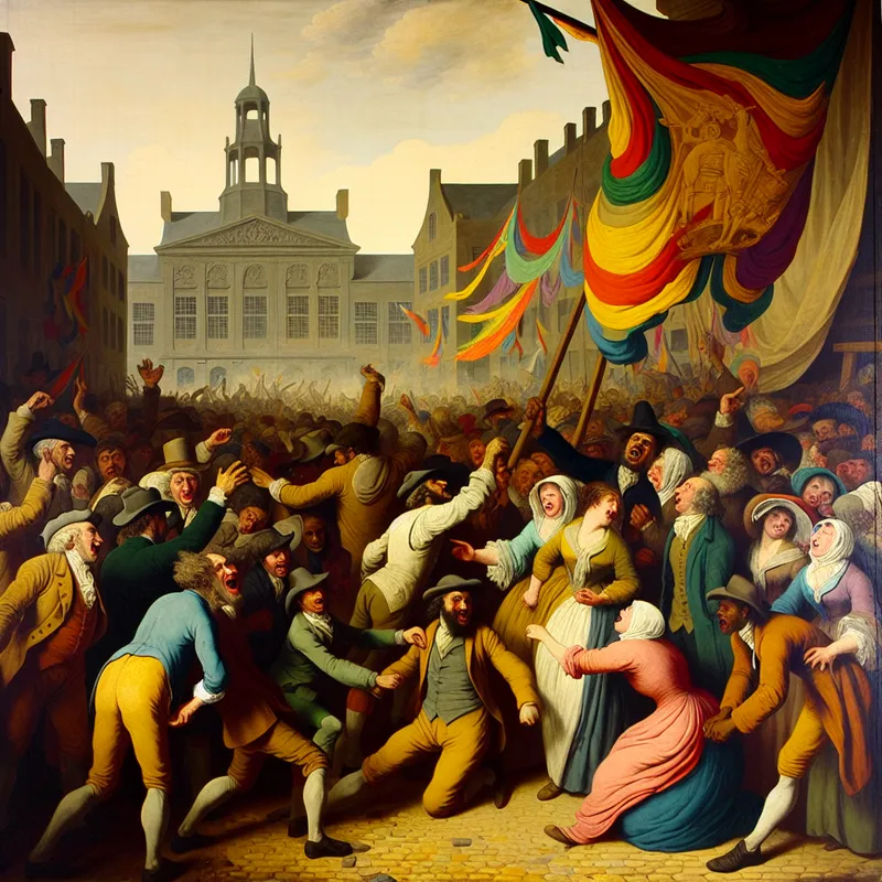 Een levendige scène van de oprichting van een organisatie, met een diverse groep mensen die enthousiast met elkaar praten in een stadsplein.