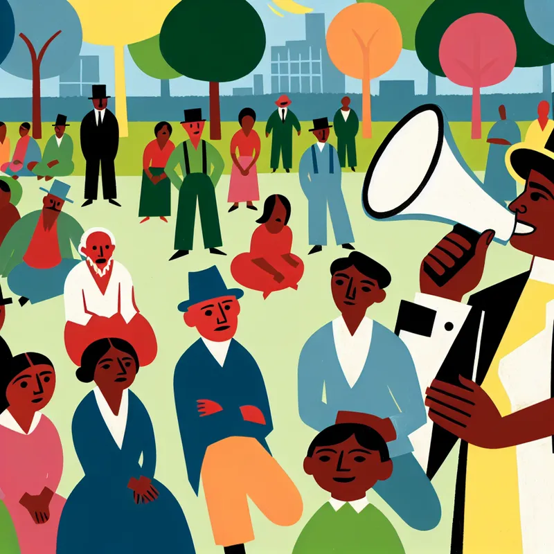 Illustratie van een divers groep mensen in een park, die verwachtingsvol omhoog kijken naar een vrolijk karakter met een megaphone die vrijwilligers oproept.