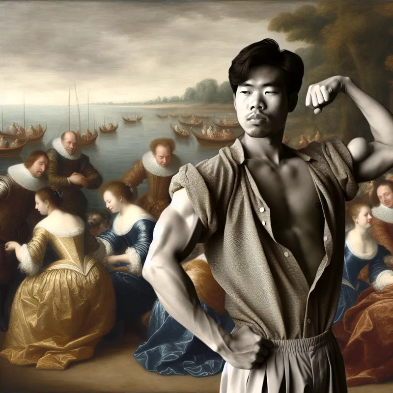 Gedetailleerde schilderij in stijl van Gerard ter Borch van een gespierde man die opschept op een luxe strand, met overdreven pose en strak linnen shirt