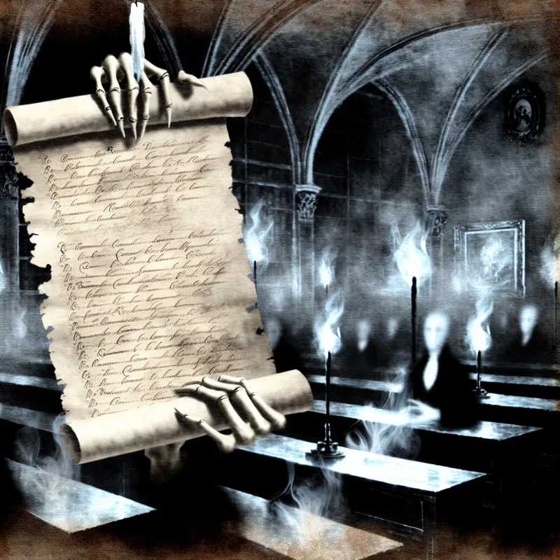 Gothische klaslokaal-scène met een skelethand die een oude perkamentlijst met namen vasthoudt, symbolisch voor een opsomming in een duistere, mysterieuze sfeer