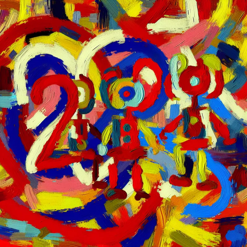 Abstracte voorstelling van het getal 20 met drie kinderfiguren als onderdeel, in expressieve stijl van Karel Appel