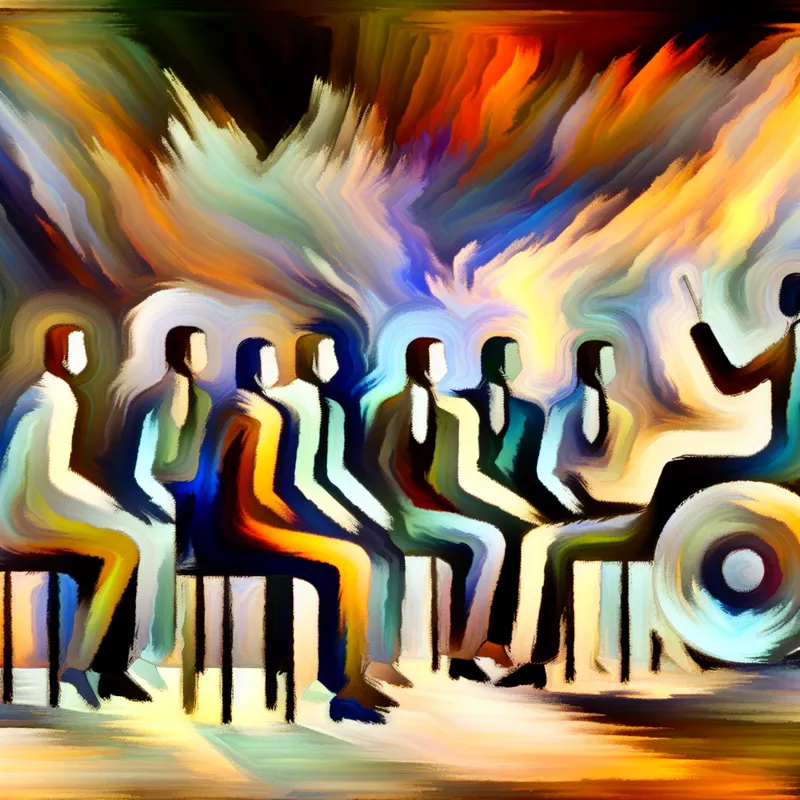 Abstract expressionistisch kantoortafereel waarbij mensen snel opstaan uit stoelen bij binnenkomst van een autoriteitsfiguur